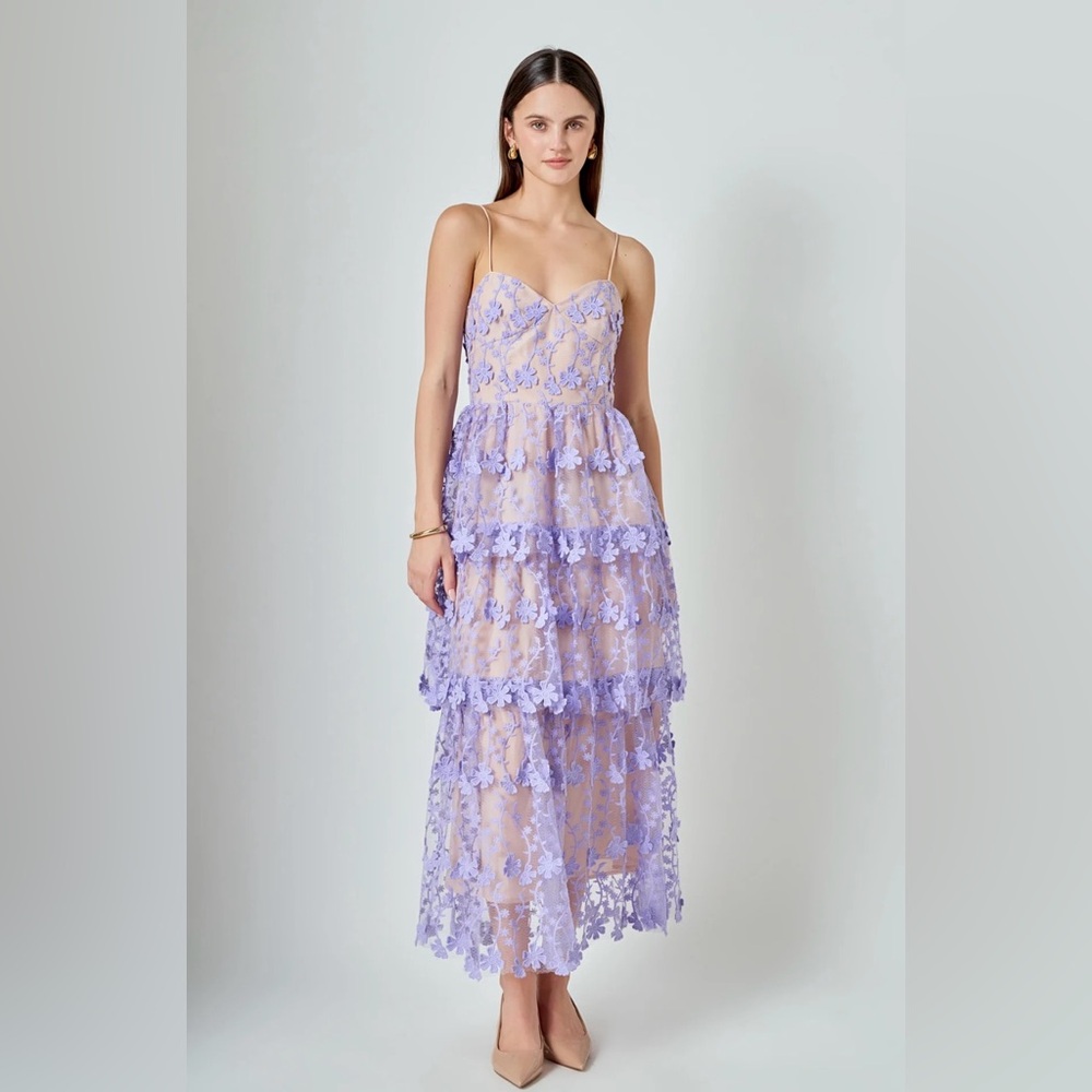 Endless Rose Lavender Floral Embroidered Tiered Lace Midi Dress